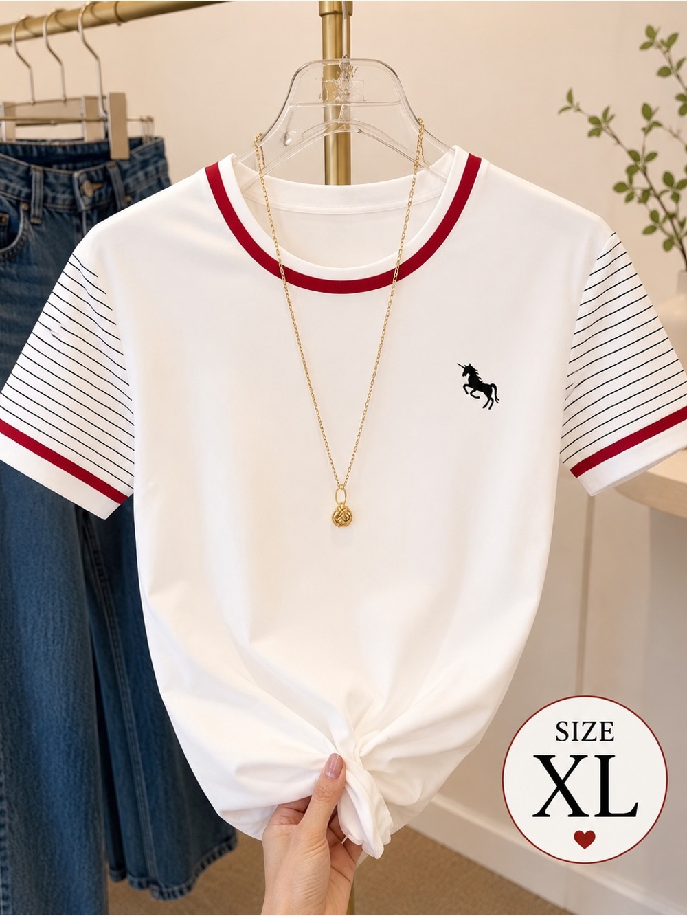 Women's White Crewneck Tee with Red Trim and Striped Sleeves